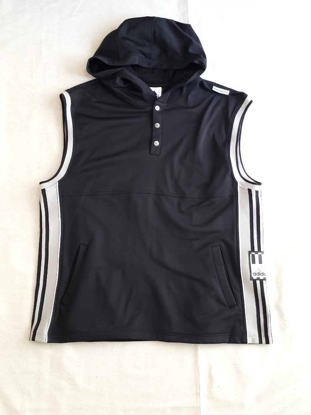 Adidas Hoodie Vest Men Large Black White Stripe Sleeveless Basketball Jersey VTG